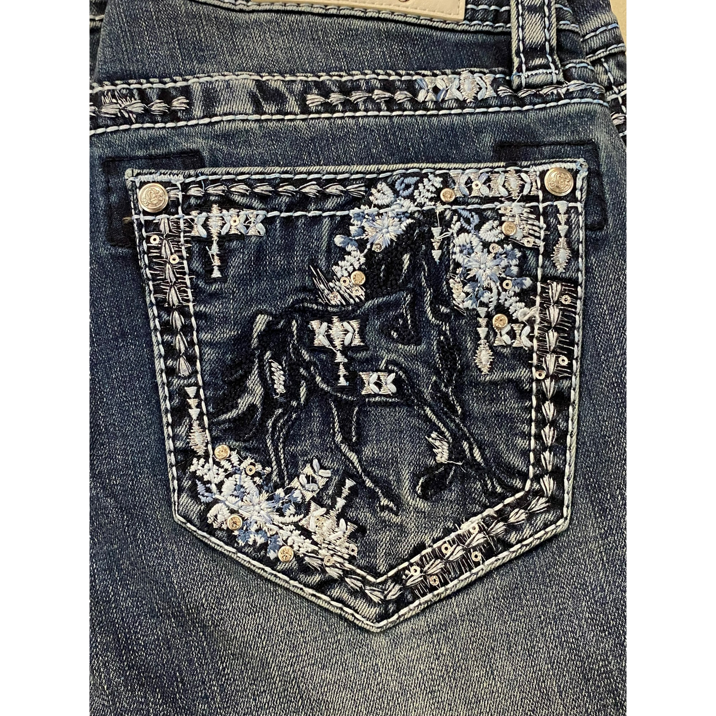Grace in LA Women's Western Horse Embroidered Crystal Embellished Bootcut Easy Fit Jeans