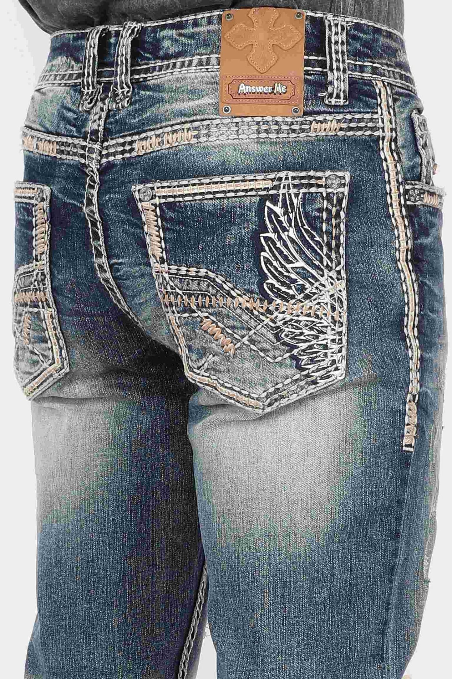 Men's Western Embroidered Pocket Straight Denim Jeans Answer Me