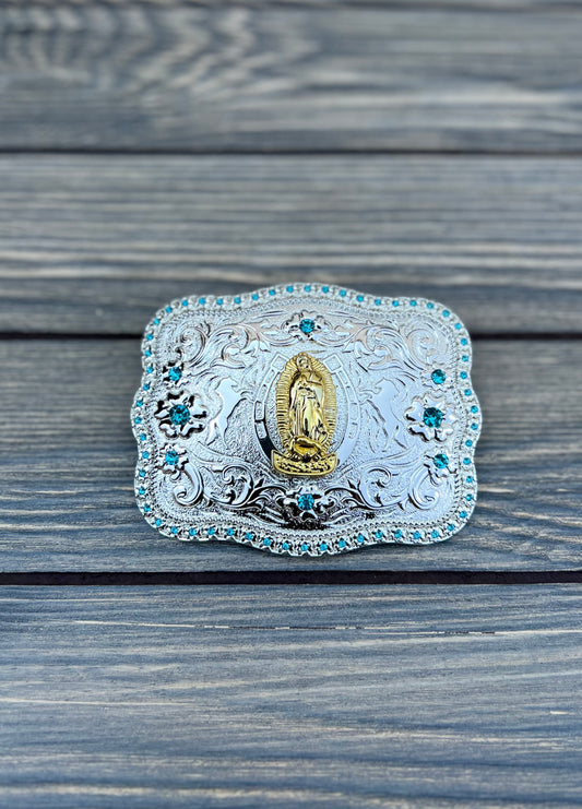 Virgen De Guadalupe / Virgen Mary buckle with small rhinestones in turquoise color