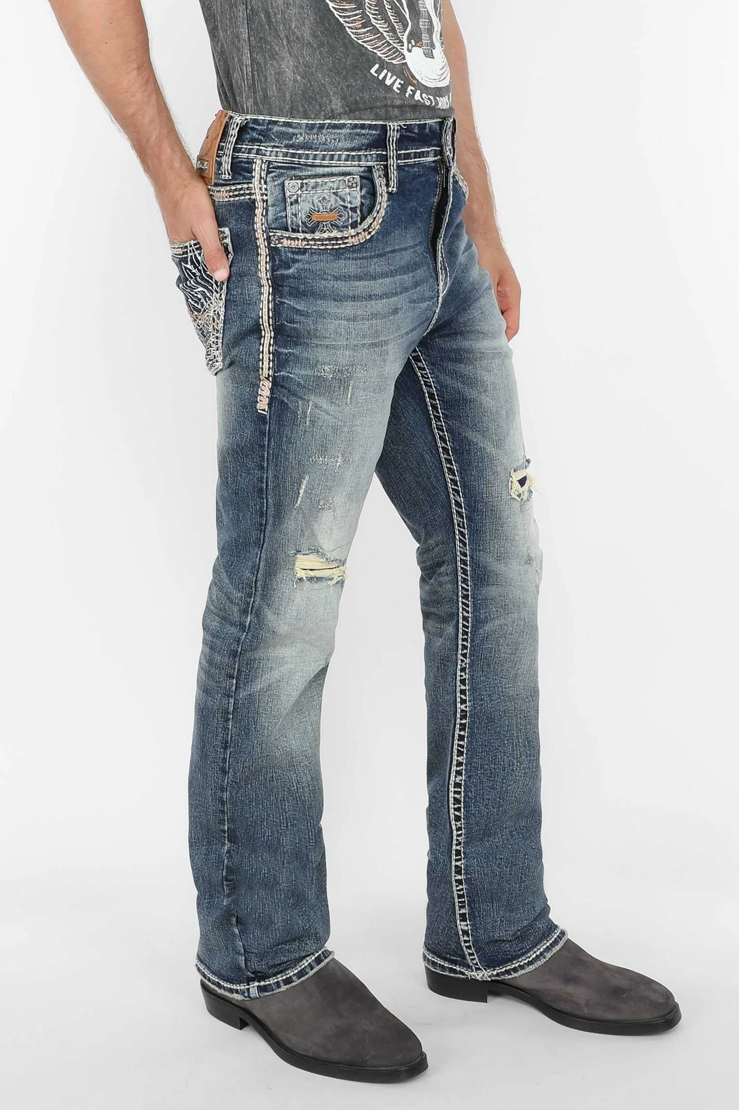 Men's Western Embroidered Pocket Straight Denim Jeans Answer Me