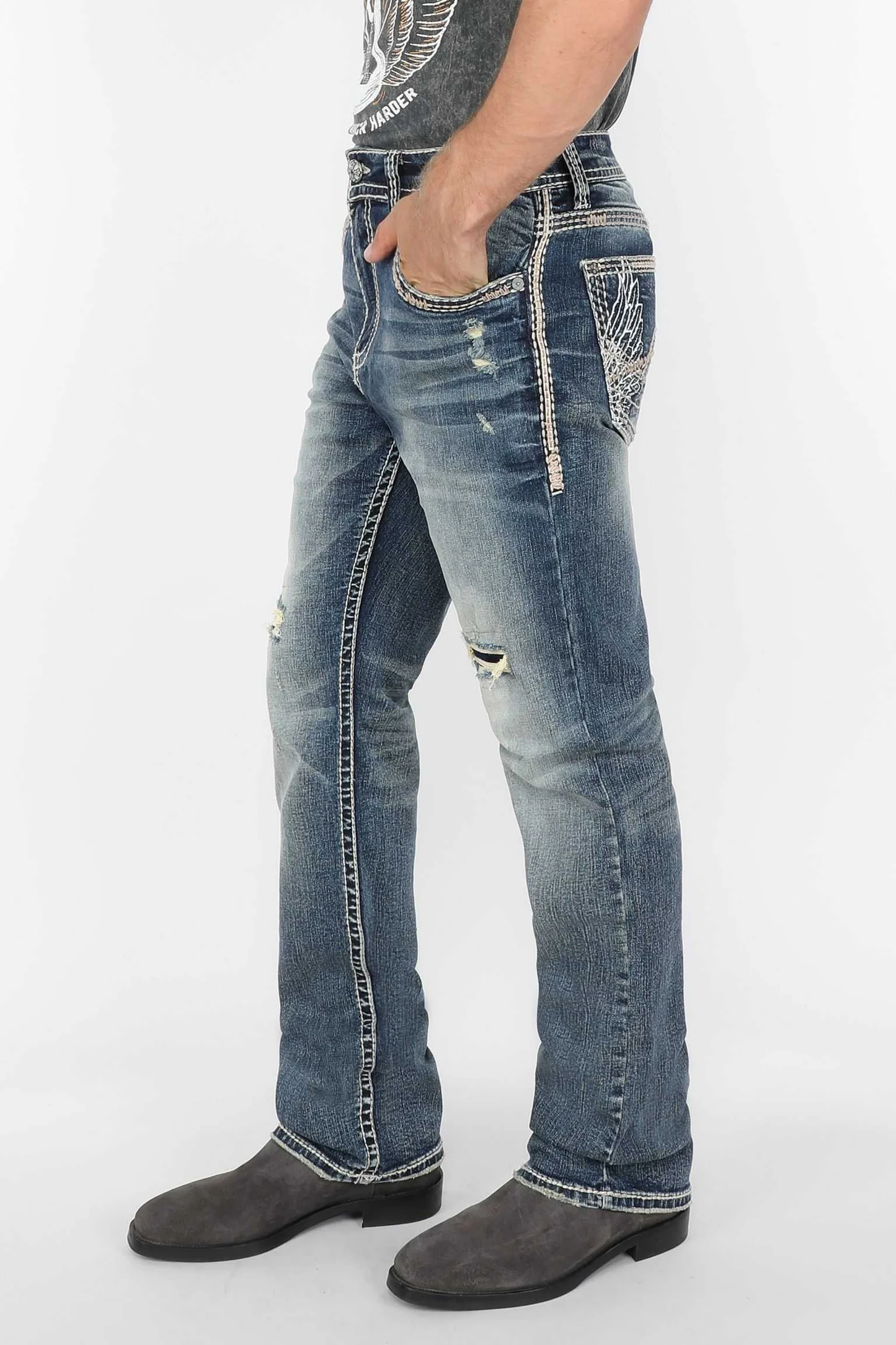 Men's Western Embroidered Pocket Straight Denim Jeans Answer Me