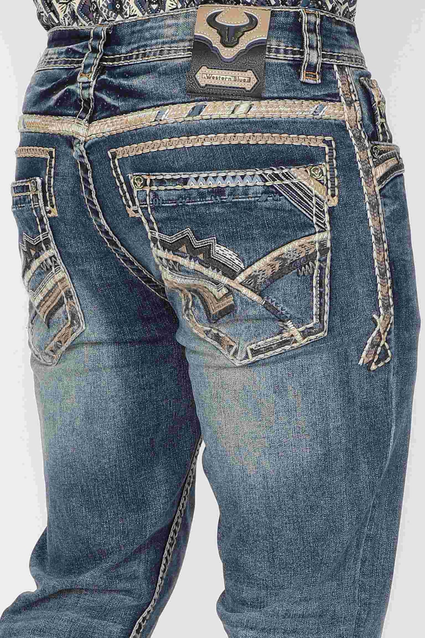 Men's Classic Embroidered Pocket Straight Jeans Western Blue