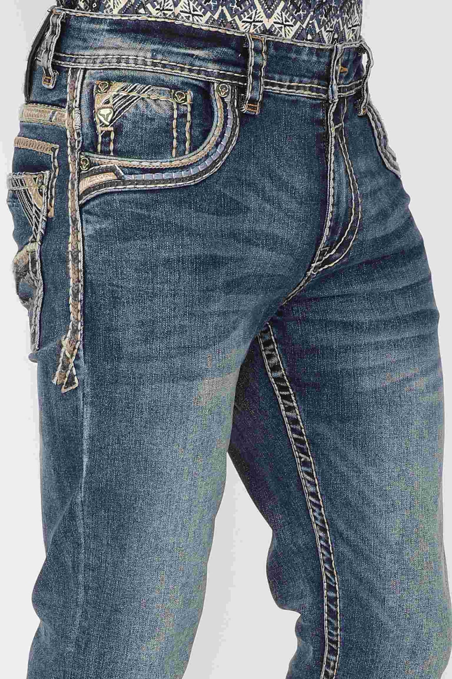 Men's Classic Embroidered Pocket Straight Jeans Western Blue